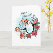 Happy Penguin Kerst Wenskaart Kaart (Gele Bloem)