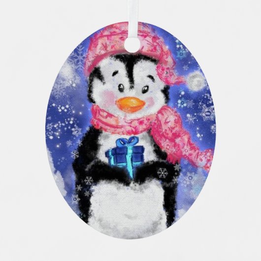 Happy Penguin - Merry Kerstmis - Cute - Metalen Ornament (Voorkant)