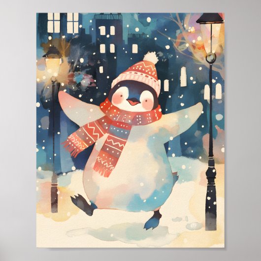 Happy Penguin – Winter Watercolor Nursery Wall Art Poster (Voorkant)