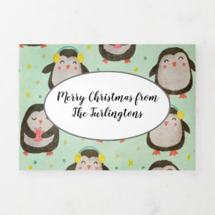 Happy Penguins die kerstmannetjes met oorsuizen dr Drieluik Wenskaart