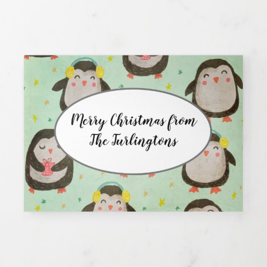 Happy Penguins die kerstmannetjes met oorsuizen dr Drieluik Wenskaart (Cover)