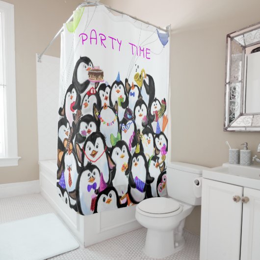 Happy Penguins Party Cartoon Drawing - Cute Funny  Douchegordijn (In situ)