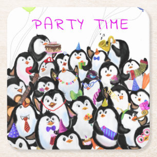 Happy Penguins Party Cartoon Drawing - Cute Funny Kartonnen Onderzetters