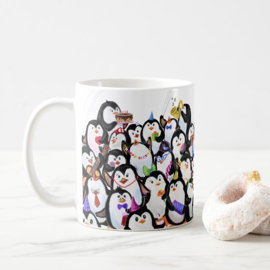Happy Penguins Party Cartoon Drawing - Cute Funny  Koffiemok (Met donut)