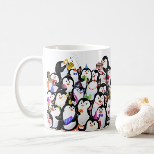 Happy Penguins Party Coffee Mok Cartoon (Met donut)