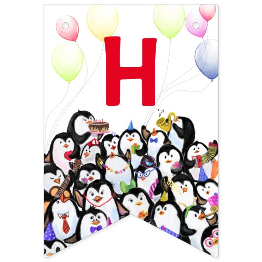 Happy Penguins Party Fun Tekening - Happy Birthday Vlaggetjes (Tweede vlag)