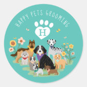 Happy Pet Family Pet Care & Grooming Monogram Blau Ronde Sticker (Voorkant)