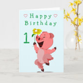 Happy Pig Baby Verjaardag Kaart -  (Gele Bloem)