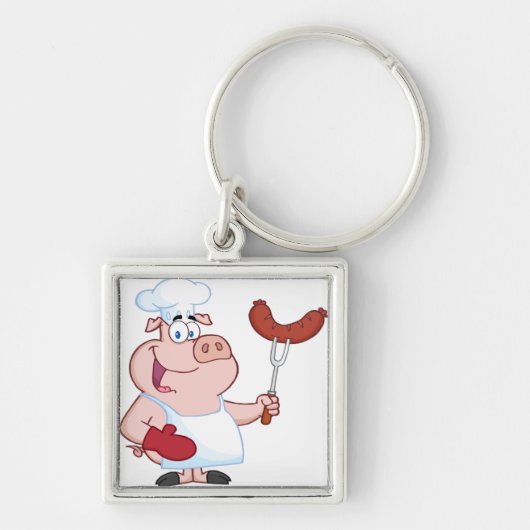 Happy pig Chef met sausvork Sleutelhanger (Voorkant)