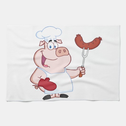 Happy pig Chef met sausvork Theedoek (Horizontaal)