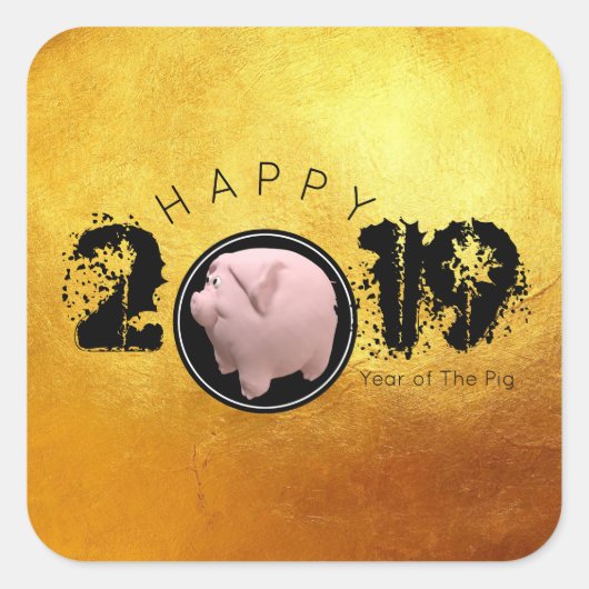 Happy PIg Jaar 2019 Origineel 3D gouden vierkant S Vierkante Sticker (Voorkant)