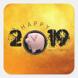 Happy PIg Jaar 2019 Origineel 3D gouden vierkant S Vierkante Sticker