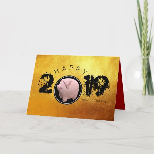 Happy PIg Jaar 2019 Originele 3D gouden Groet C Feestdagen Kaart (Voorkant)