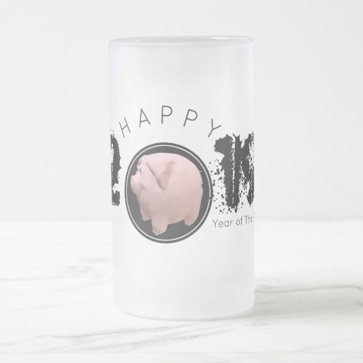 Happy PIg jaar groot 2019, origineel 3D, bevroren  Matglas Bierpul (Center)