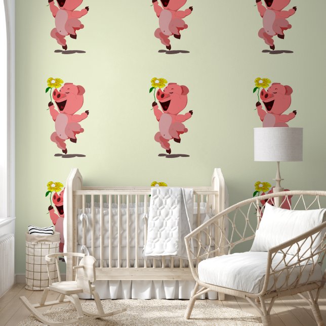 Happy Pig met Flower Funny Behang (Kinderen)