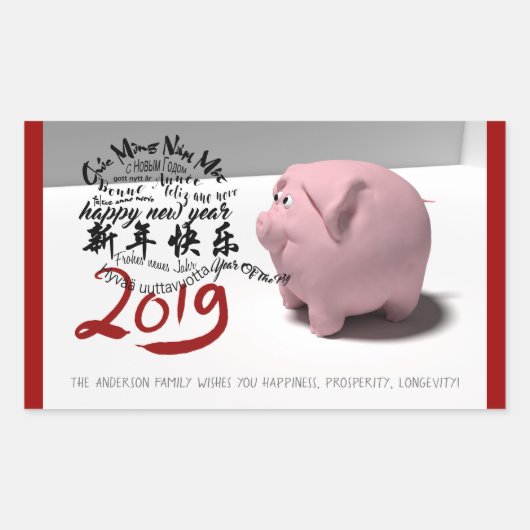 Happy PIg Nieuwjaar 2019 gepersonaliseerde R-Stick Rechthoekige Sticker (Voorkant)