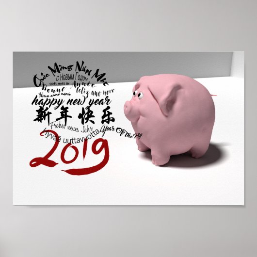 Happy PIg Nieuwjaar 2019 Poster 12X8 (Voorkant)