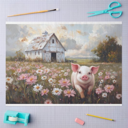 Happy Pig Pink Wildflowers Decoupage Tissuepapier (Craft)