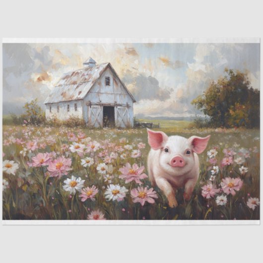 Happy Pig Pink Wildflowers Decoupage Tissuepapier (Voorkant)