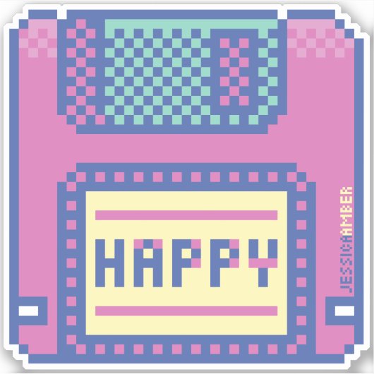 Happy Pink Blue Pixel Art 90s Floppy Disk Sticker (Voorkant)