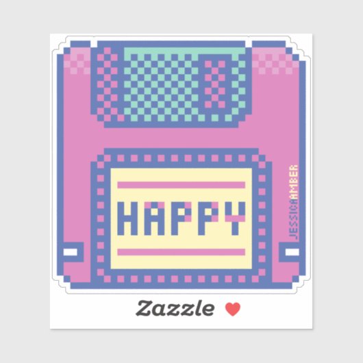Happy Pink Blue Pixel Art 90s Floppy Disk Sticker (Vel)