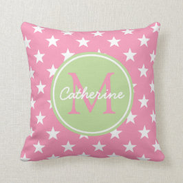 Happy Pink en Mint Green Stars Monogram Kussen