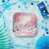 Happy Pink Feestdagen Kerstsneeuw Scene Papieren Bordje (Feest)