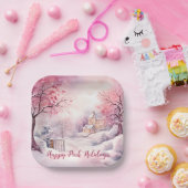 Happy Pink Feestdagen Kerstsneeuw Scene Papieren Bordje (Feest)
