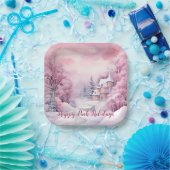 Happy Pink Feestdagen Kerstsneeuw Scene Papieren Bordje (Feest)