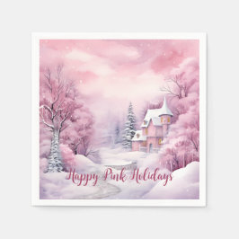 Happy Pink Feestdagen Kerstsneeuw Scene Servet