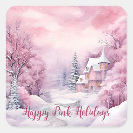 Happy Pink Feestdagen Kerstsneeuw Scene Vierkante Sticker