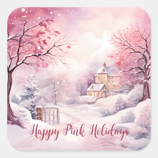 Happy Pink Feestdagen Kerstsneeuw Scene Vierkante Sticker (Voorkant)