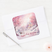 Happy Pink Feestdagen Kerstsneeuw Scene Vierkante Sticker (Envelop)