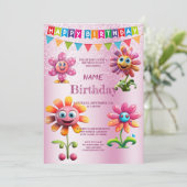 Happy Pink Flowers Verjaardagsfeestuitnodiging Kaart (Staand voorkant)