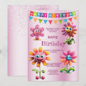 Happy Pink Flowers Verjaardagsfeestuitnodiging Kaart (Voorkant / Achterkant)