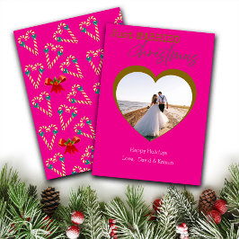 Happy Pink Just Married Christmas Custom Photo Feestdagenkaart