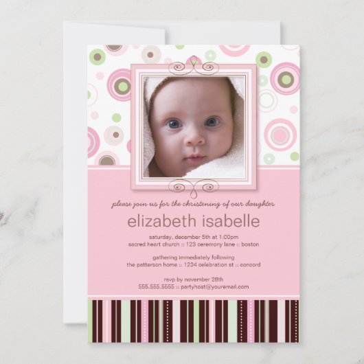 Happy Pink Stippen Baby Foto Christening Uitnodigi Kaart (Voorkant)