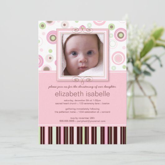 Happy Pink Stippen Baby Foto Christening Uitnodigi Kaart (Staand voorkant)