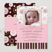 Happy Pink Stippen Baby Foto Christening Uitnodigi Kaart (Voorkant / Achterkant)