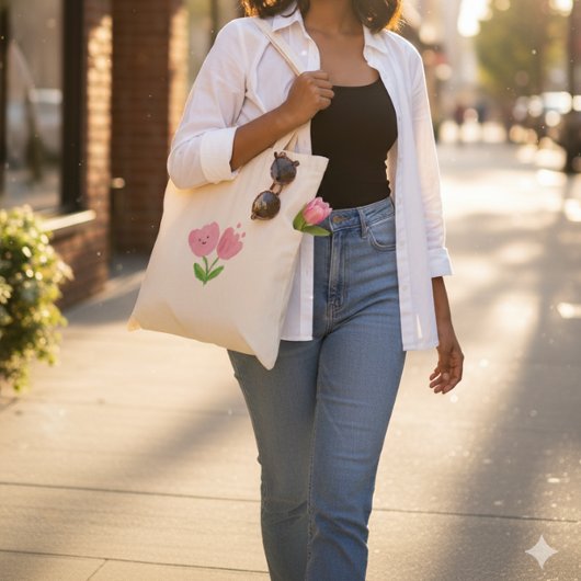 Happy Pink Tulip Heart Face Cute Flower Tote Bag