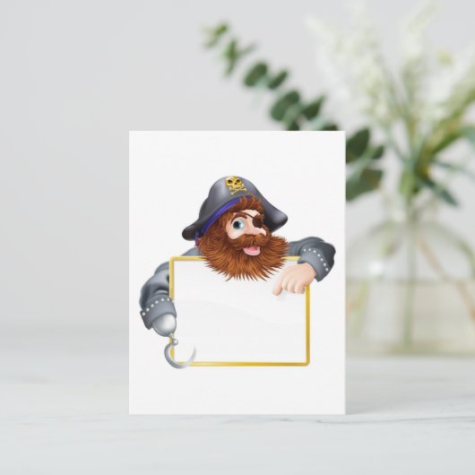 Happy pirate wijst op teken briefkaart (Staand voorkant)