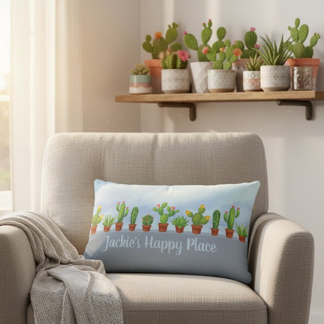 Happy Place Gepersonaliseerde Cactus Lover's Decor Kussen (Cactus lover's happy place pillow with custom name!)