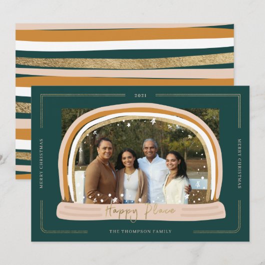 Happy Place Modern Snow Wereldbol - Kerstfoto Feestdagenkaart (Voorkant / Achterkant)