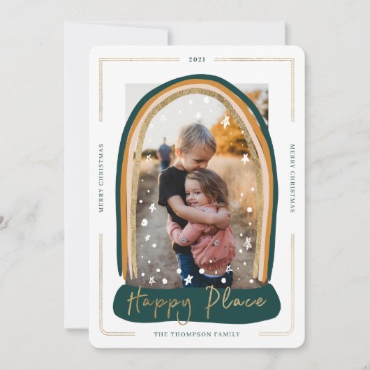 Happy Place Modern Snow Wereldbol - Kerstfoto Feestdagenkaart (Voorkant)