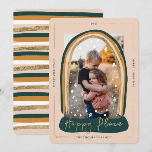 Happy Place Modern Snow Wereldbol - Kerstfoto Feestdagenkaart (Voorkant / Achterkant)