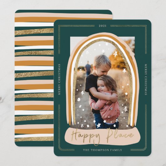 Happy Place Modern Snow Wereldbol - Kerstfoto Feestdagenkaart (Voorkant / Achterkant)