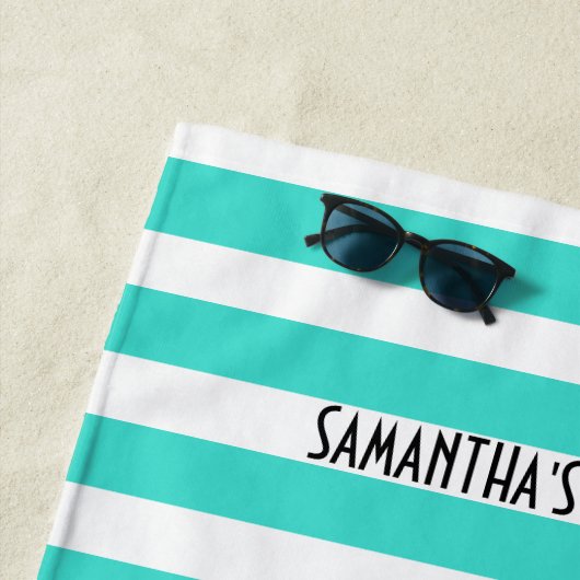 Happy Place Neon Aqua en White Stripe Beach Towel Strandlaken (In situ)