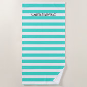 Happy Place Neon Aqua en White Stripe Beach Towel Strandlaken (Voorkant)