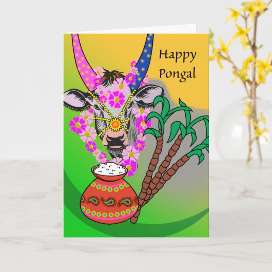 Happy Pongal, gedecorreerde koe, pongal Rice, Suga Kaart (Gele Bloem)