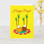 Happy Pongal, met een potje rijst en Planten Kaart (Gele Bloem)